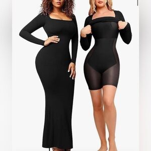 Populish viral long sleeved maxi dress w built in bra and shapewear, L NWT black